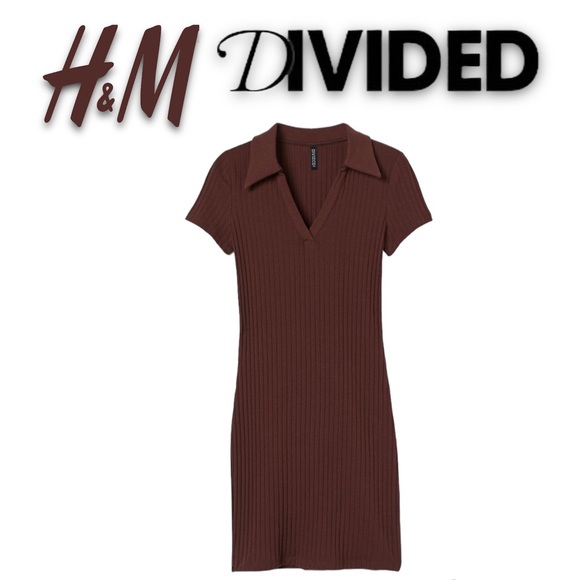 H&M Dresses Hm Divided Brown Ribbed Knit Short Sleeve V Neck